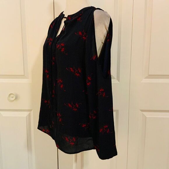 Loft Navy Blue Red Leaf Print Tie Neck Cold Shoulder Long Sleeve Top Medium - Picture 5 of 12